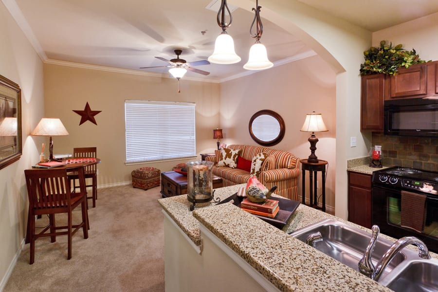 An open-concept living room and kitchen area with modern furnishings and decor.