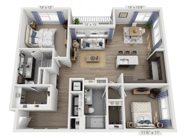 A 3D floor plan of a two-bedroom apartment with modern interior design.