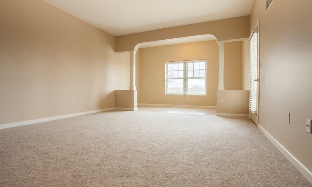 A spacious and well-lit empty room with neutral-colored walls and a carpeted floor.