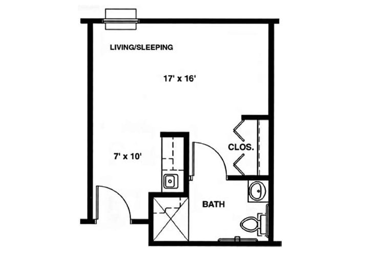 A studio apartment floor plan featuring a living/sleeping area, kitchenette, and bathroom.