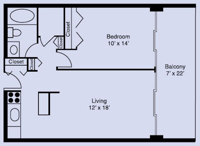 A floor plan showing the layout of an apartment with two bedrooms, a living area, and a closet.