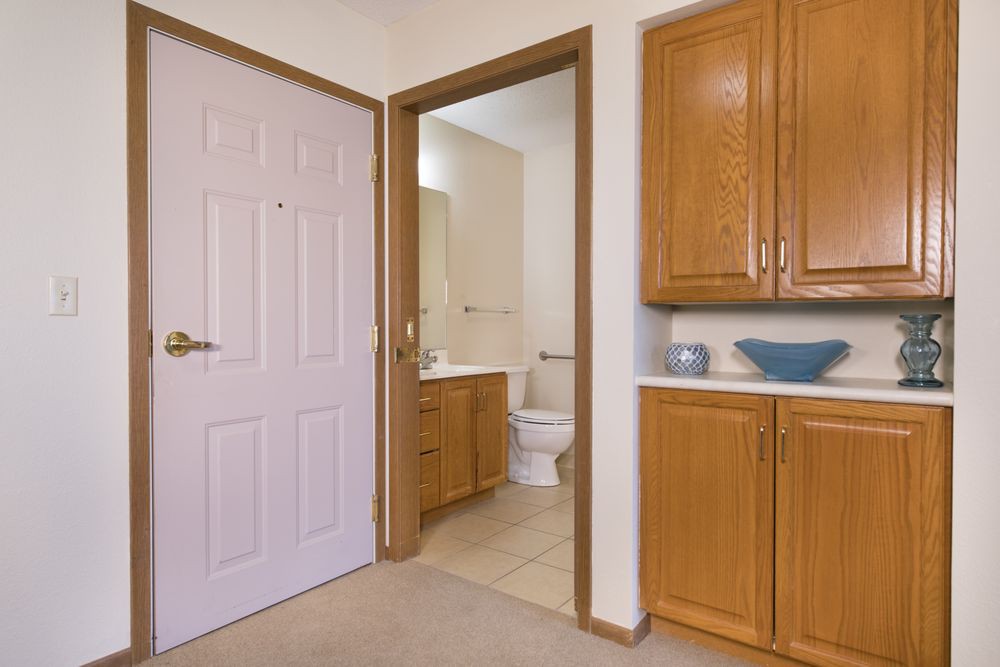A view of a bathroom with adjacent cabinetry and a door.