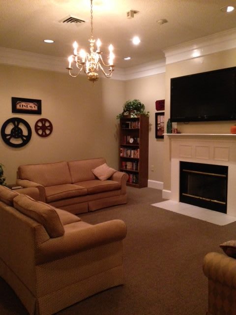 Cozy living room with a fireplace, sofas, and a TV.