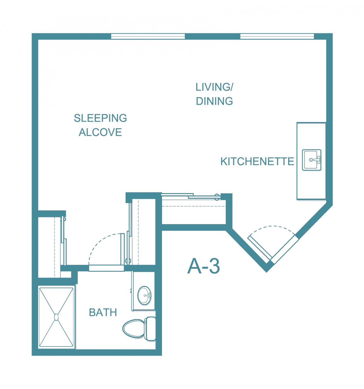 Studio apartment floor plan with sleeping alcove, living area, kitchenette, and bath.