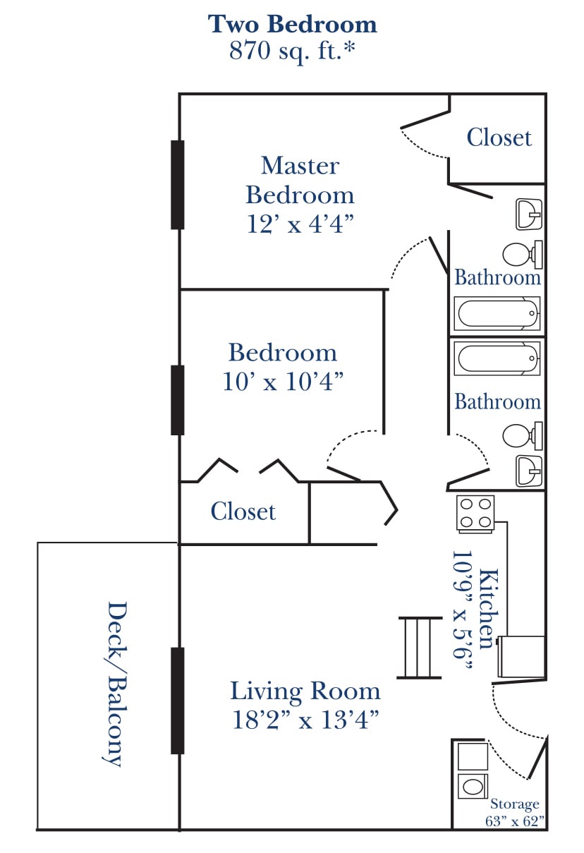 A floor plan of a two-bedroom apartment with labeled rooms and dimensions.