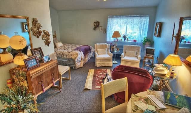 A cozy living area with a bed, comfortable chairs, and homey decor.