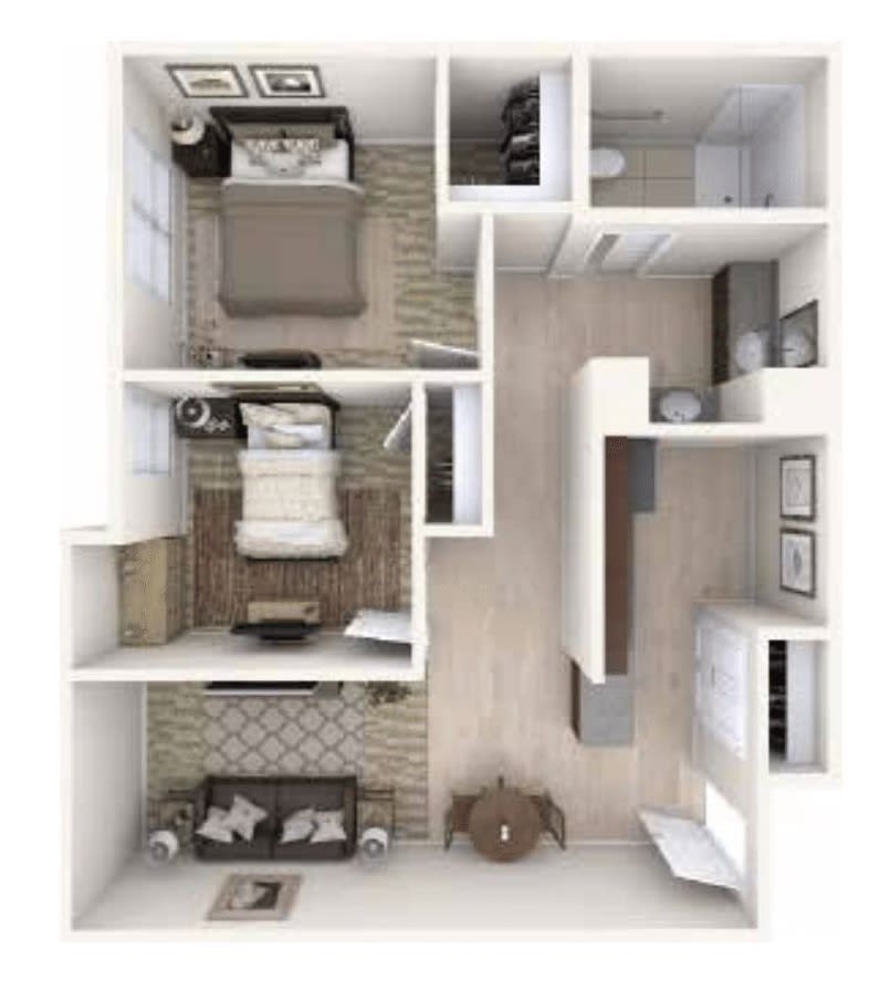 Overhead view of a modern apartment floor plan featuring a living room, bedroom, kitchen, and bathroom.
