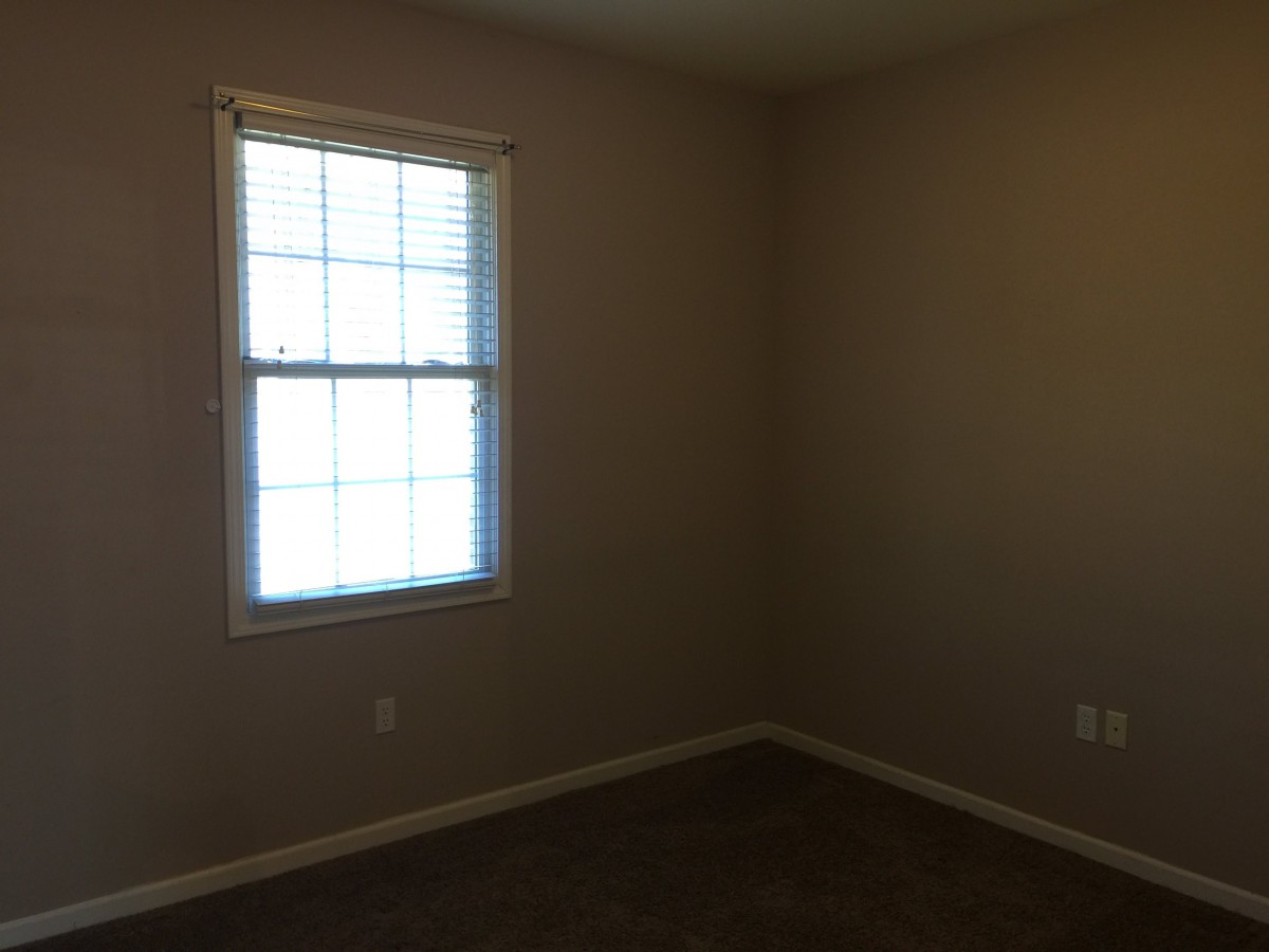 An empty room with a window and carpeted floor.