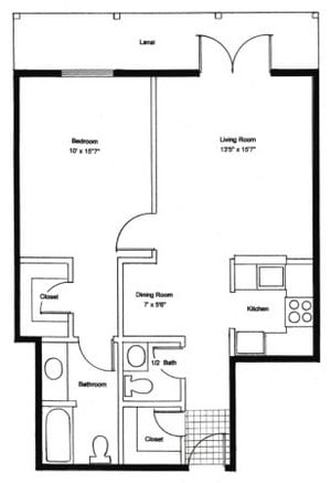 A one-bedroom apartment floor plan with living room, kitchen, and bathroom.