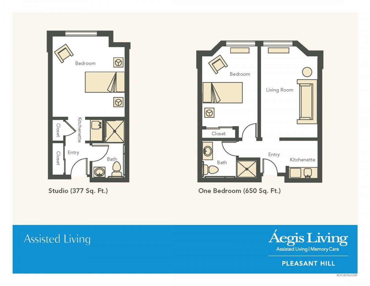 Floor plans for studio and one-bedroom apartments.