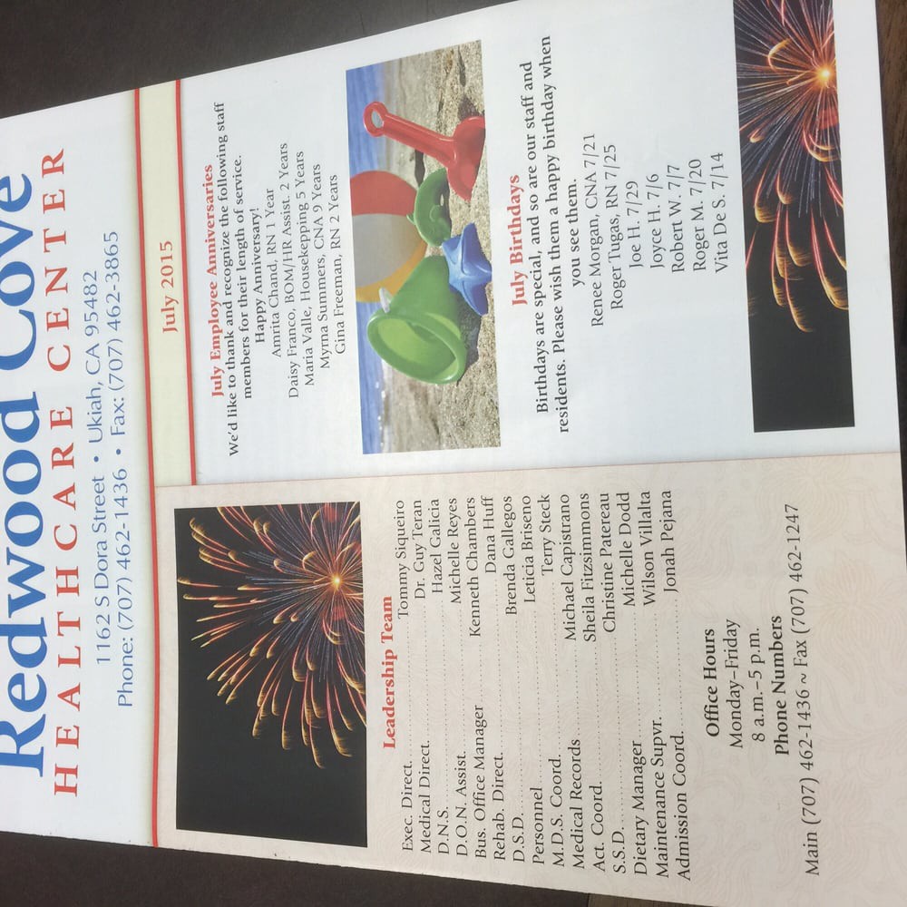 Newsletter from Redwood Cove Healthcare Center detailing upcoming activities and events.