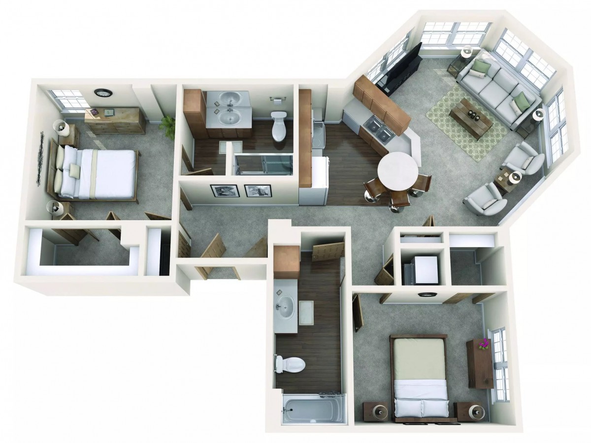 A 3D rendered floor plan of an apartment featuring two bedrooms, two bathrooms, a living room, and a kitchen.