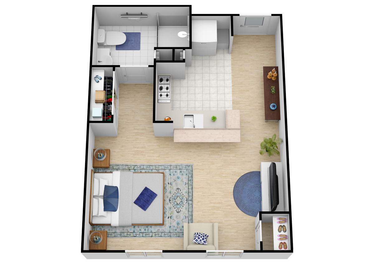 One-bedroom apartment floor plan with an open living area and kitchen.