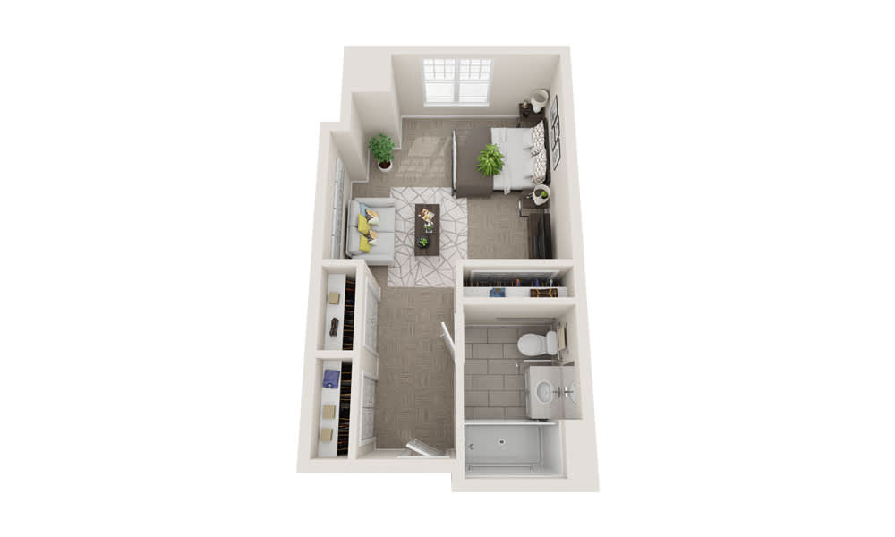 A top-down view of a studio apartment floor plan, showcasing a compact and efficient living space with integrated furniture and amenities.