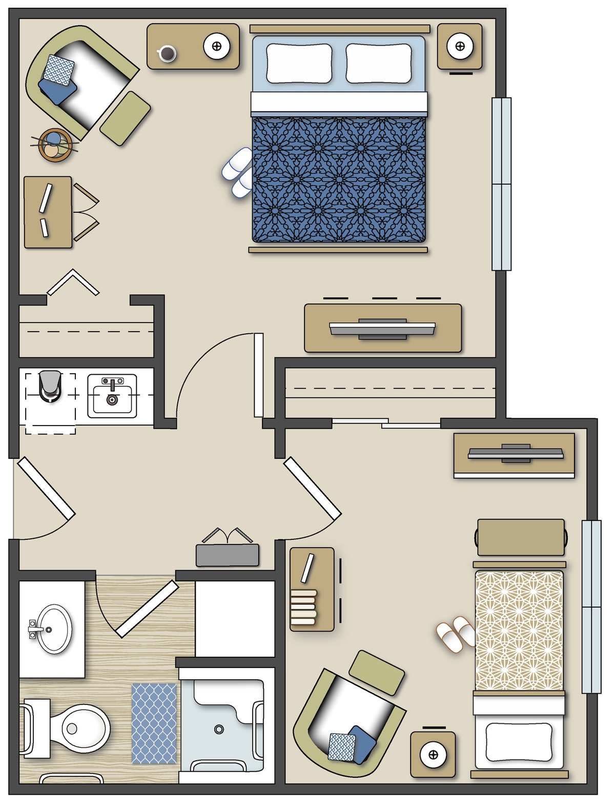 A floor plan of a two-bedroom apartment with kitchen, living area, and bathroom.