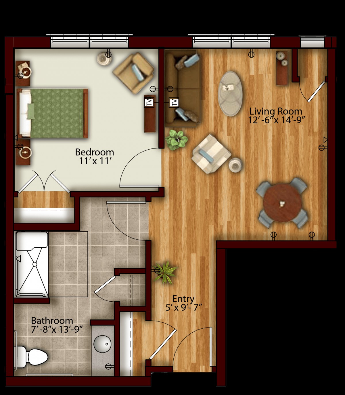 A one-bedroom apartment floor plan featuring a living area, kitchen, bedroom, and bathroom.