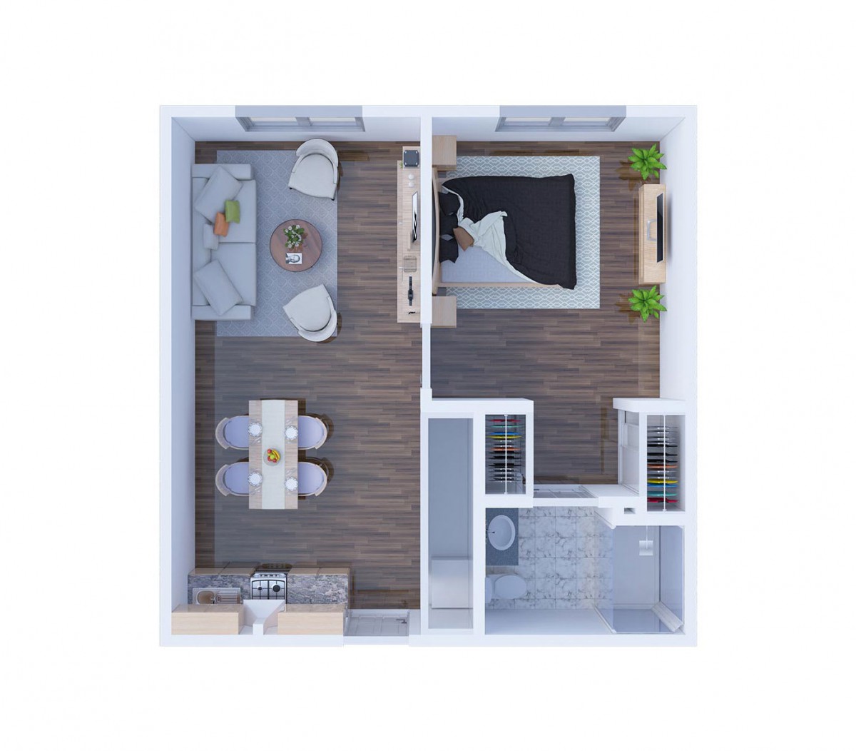 A top-down view of a modern apartment floor plan with a living room, bedroom, and kitchen.
