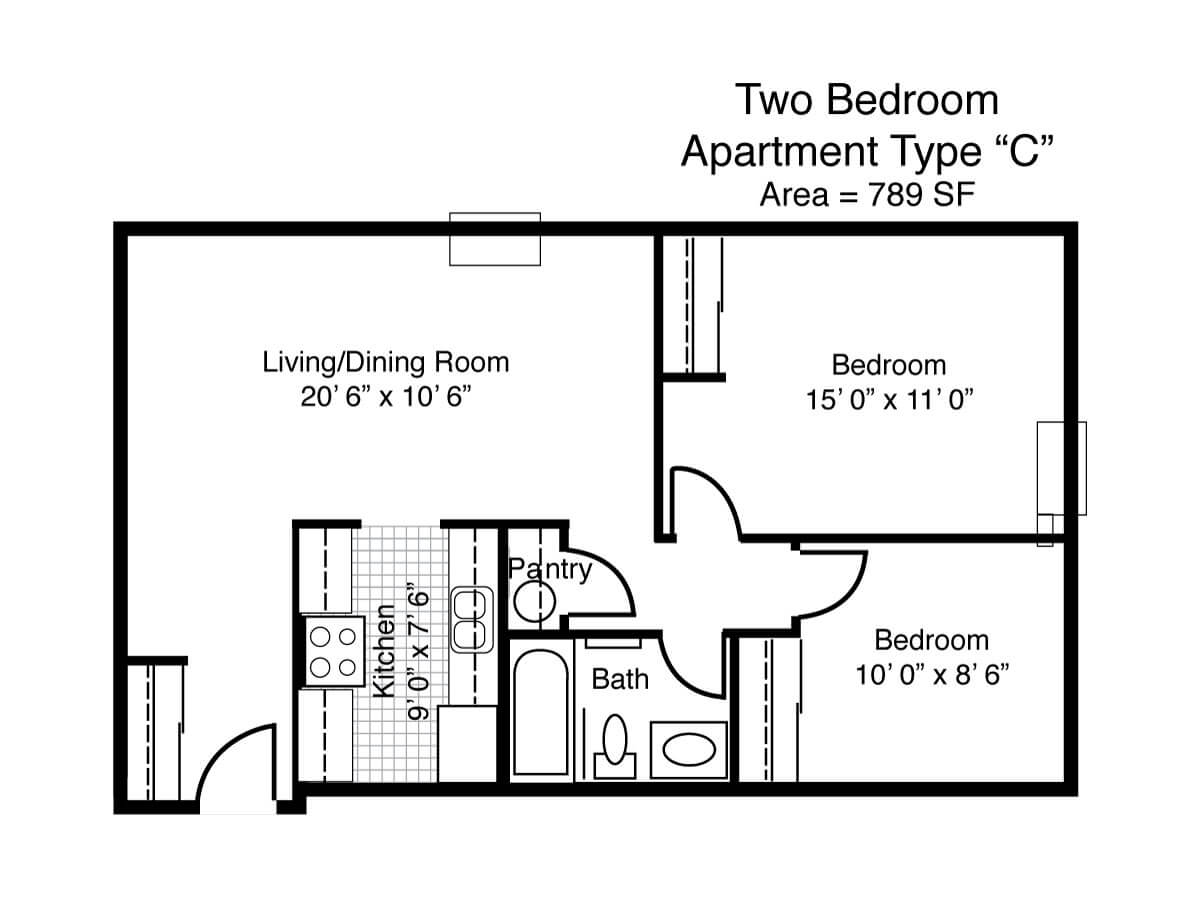 Floor plan of a two-bedroom apartment, showcasing the layout and dimensions of each room.