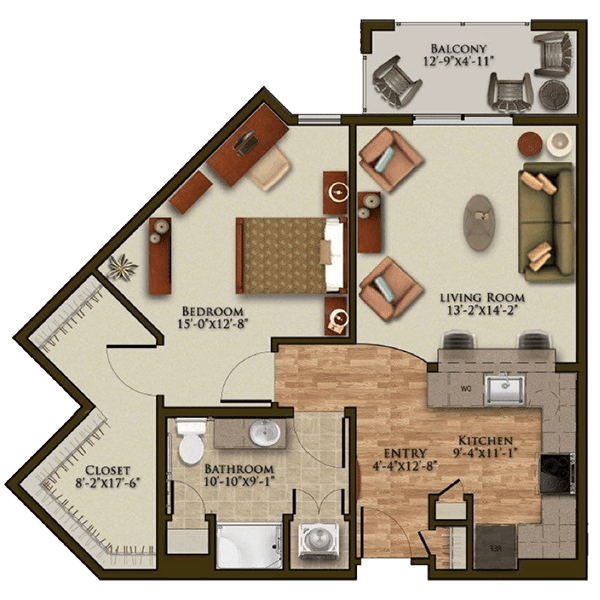A one-bedroom apartment floor plan with a living room, kitchen, bathroom, and balcony.