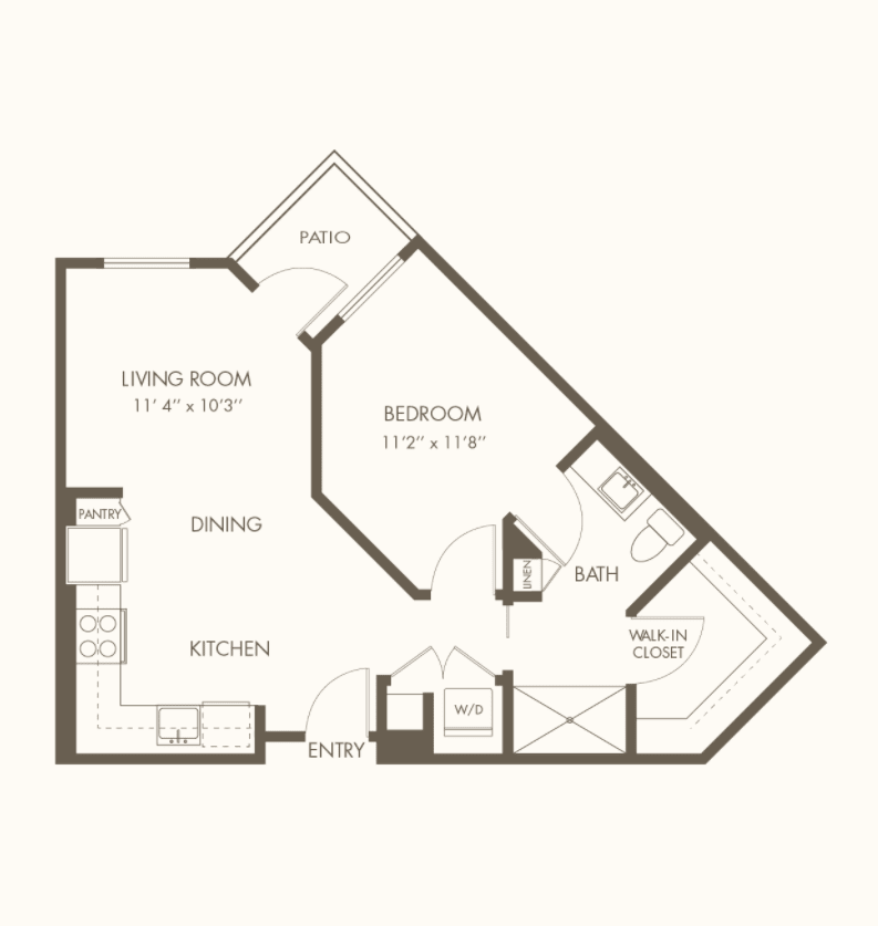 A floor plan of an apartment featuring a living room, bedroom, and kitchen area.