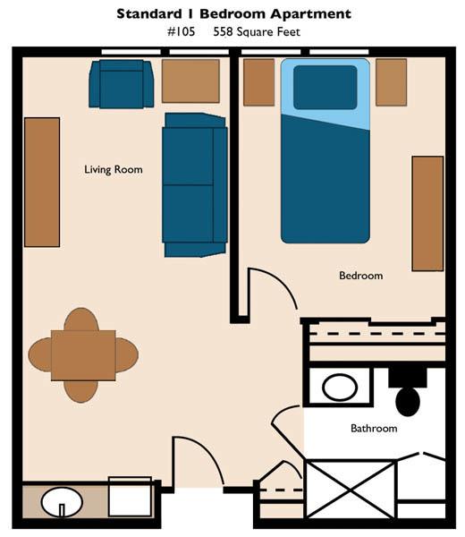 A simple apartment floor plan featuring a living room, bedroom, and bathroom.