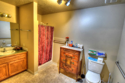 A well-lit bathroom featuring a shower with a curtain, a toilet, and a wooden vanity.
