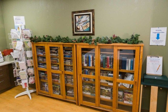 A cozy library space featuring wooden bookshelves filled with a variety of books, decorated with greenery and artwork.