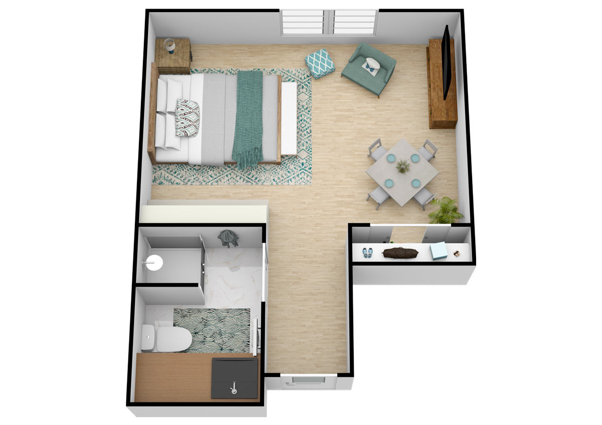 A compact apartment floor plan with a bedroom, living area, and bathroom.