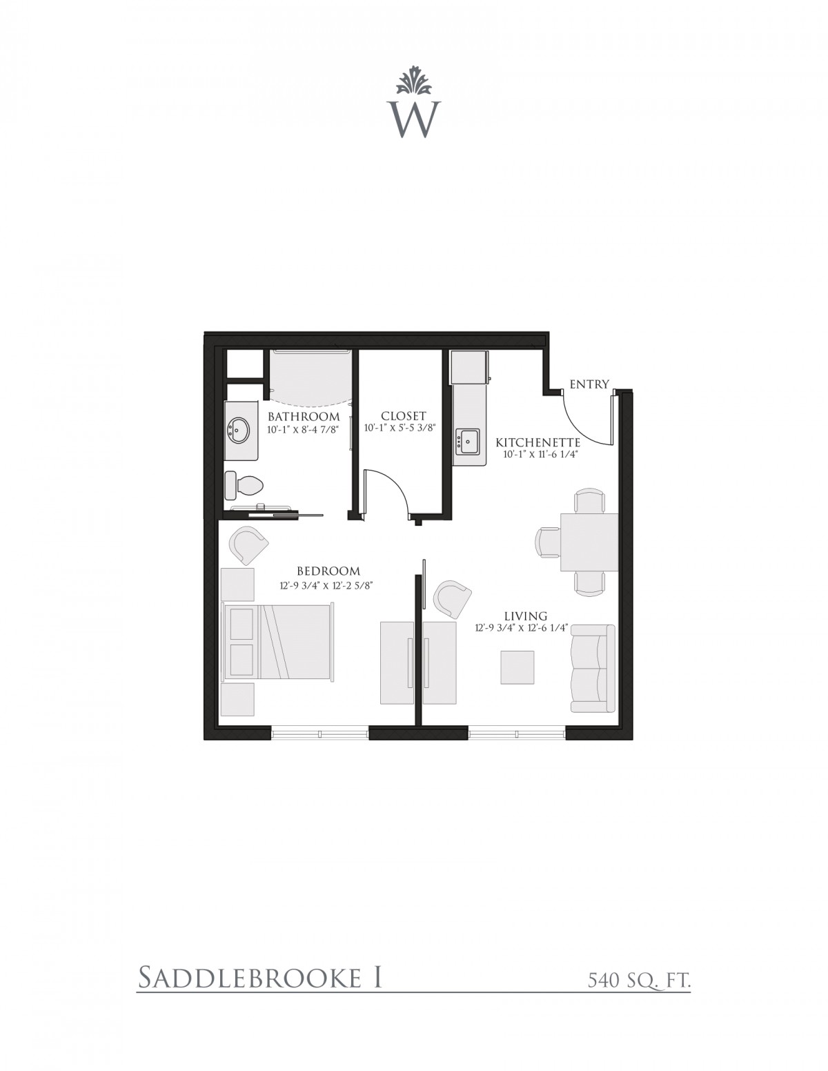 This is a floor plan of a one-bedroom apartment, featuring living and dining areas, kitchen, bathroom, and entrance.