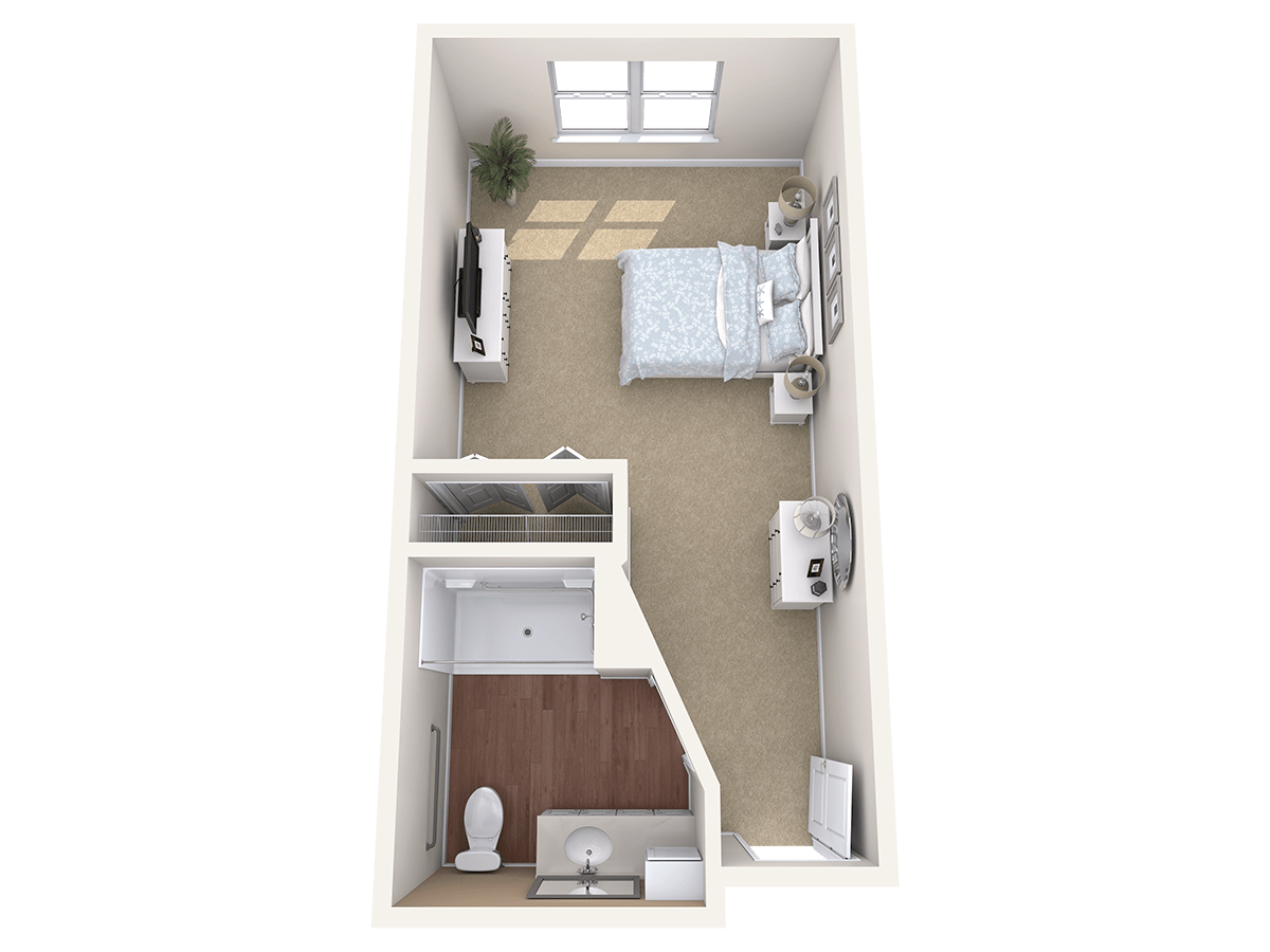 A 3D floor plan of a compact one-bedroom apartment with an attached bathroom.