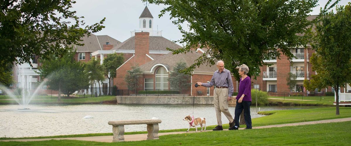 A couple walking their dog in a park beside a lake, with buildings in the background.