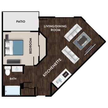 A floor plan of a one-bedroom apartment featuring a living/dining area, kitchenette, bedroom, bathroom, and patio.
