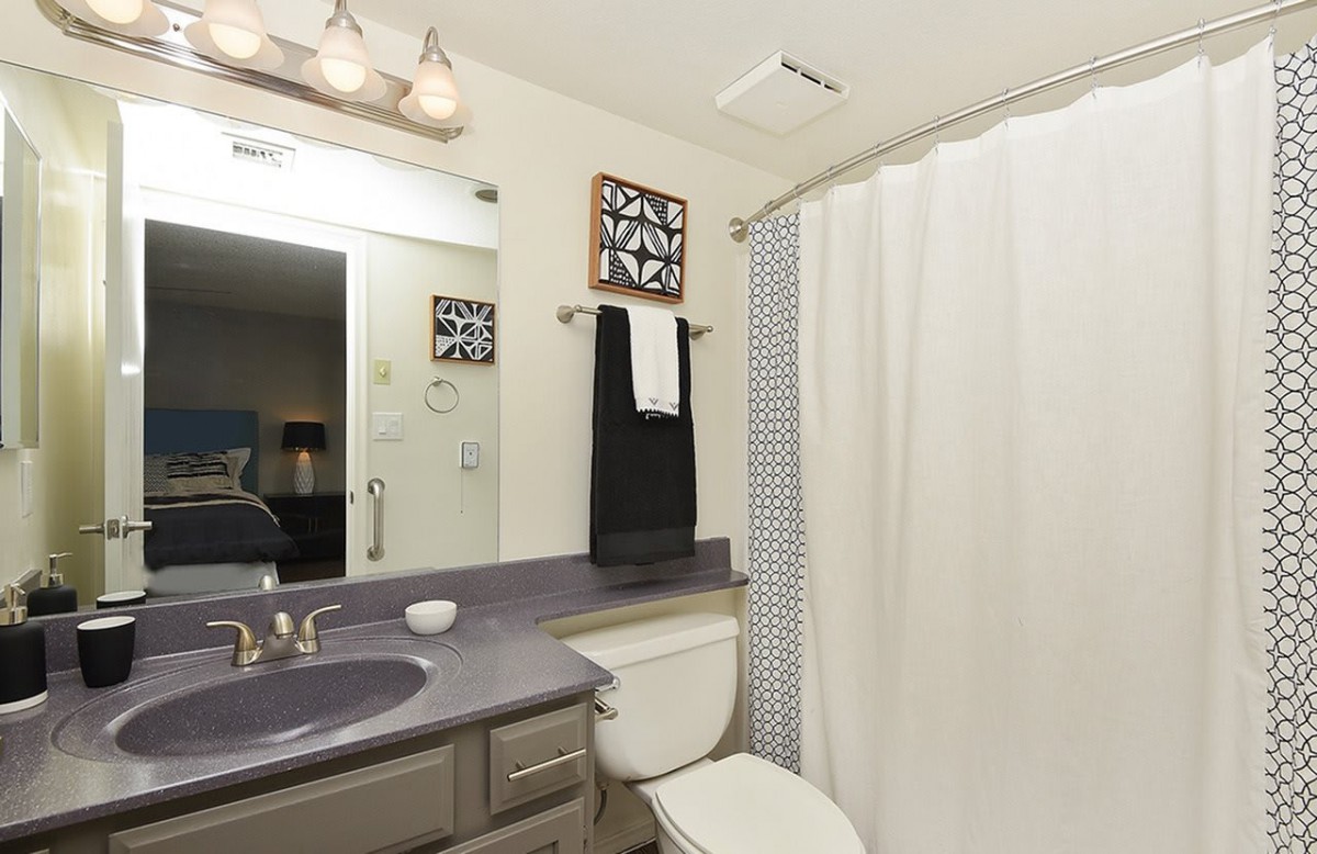 A modern bathroom featuring a sink, mirror, and shower area with a curtain.