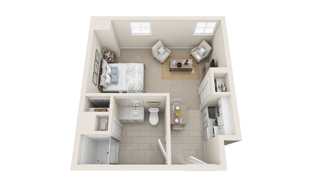 A 3D floor plan of a compact one-bedroom apartment with a kitchen, living area, and bathroom.