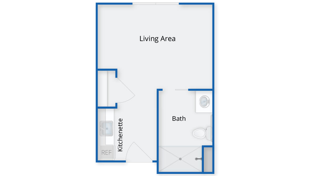 Studio apartment floor plan with living area, kitchenette, and bathroom.