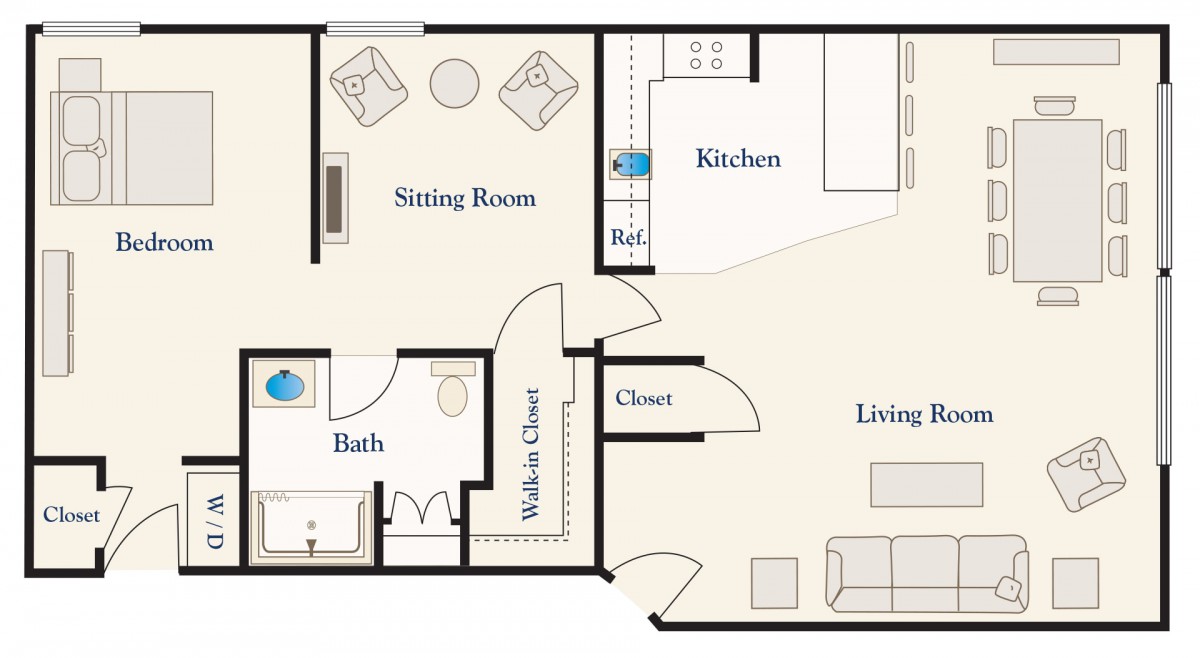 A detailed floor plan of an apartment showing the arrangement of rooms including a sitting room, kitchen, living area, bath, and closet.