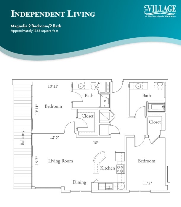 A floor plan of a one-bedroom, one-bathroom apartment designed for independent living.