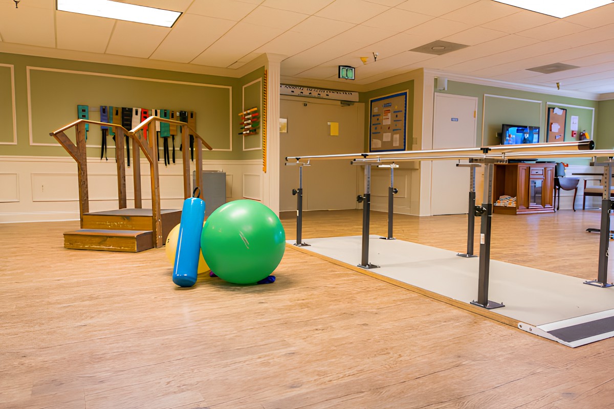 A physical therapy room equipped with exercise balls and parallel bars.