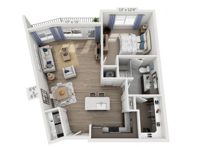 3D floor plan of a one-bedroom apartment featuring a living room, kitchen, and bathroom.