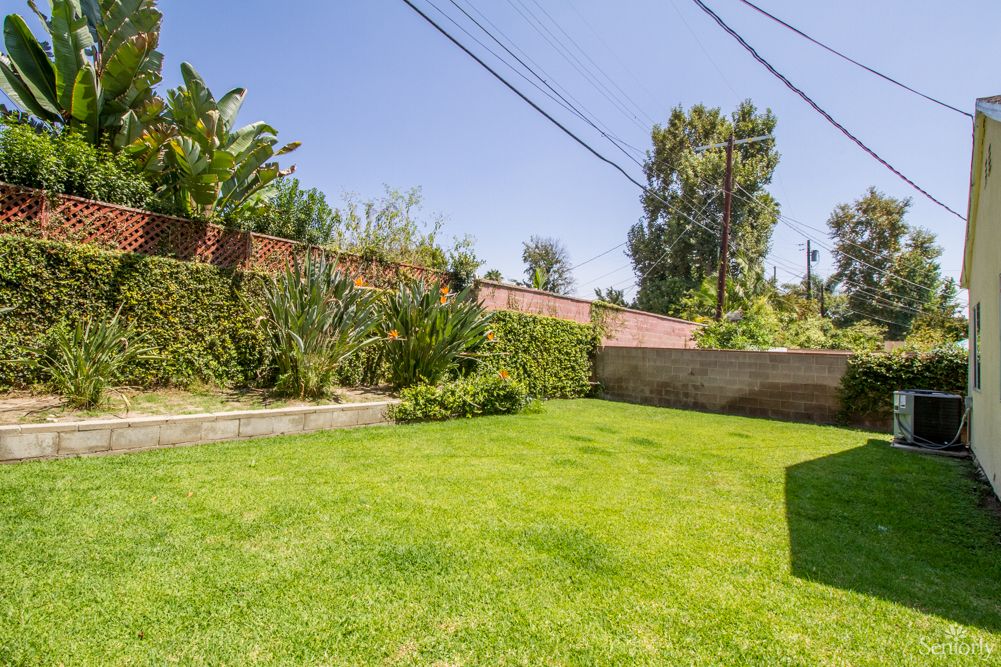 A well-maintained backyard with a lush green lawn and various plants along the fence.