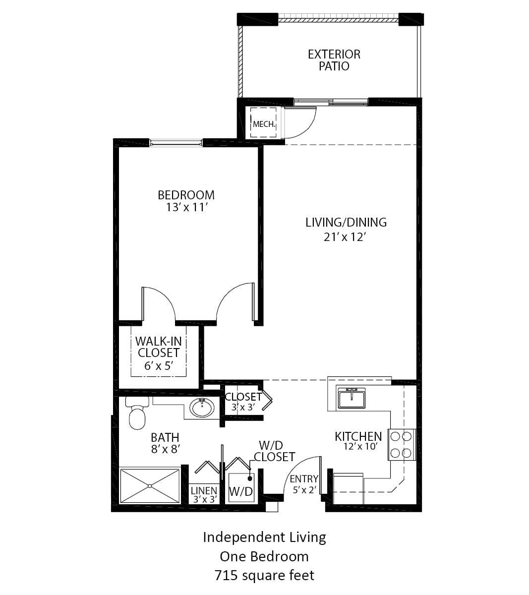 Floor plan of a one-bedroom independent living apartment.