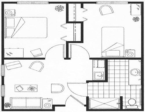 A floor plan of a small apartment showing the layout of rooms and furniture.