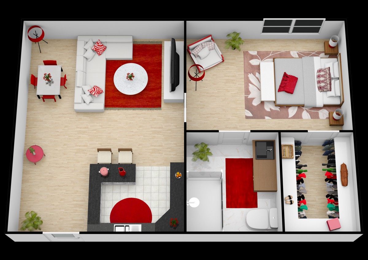 An overhead view of a modern apartment layout featuring a living room, bedroom, kitchen, and bathroom with stylish red accents.