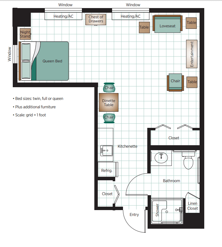 Studio apartment floor plan with designated areas for sleeping, cooking, and living.