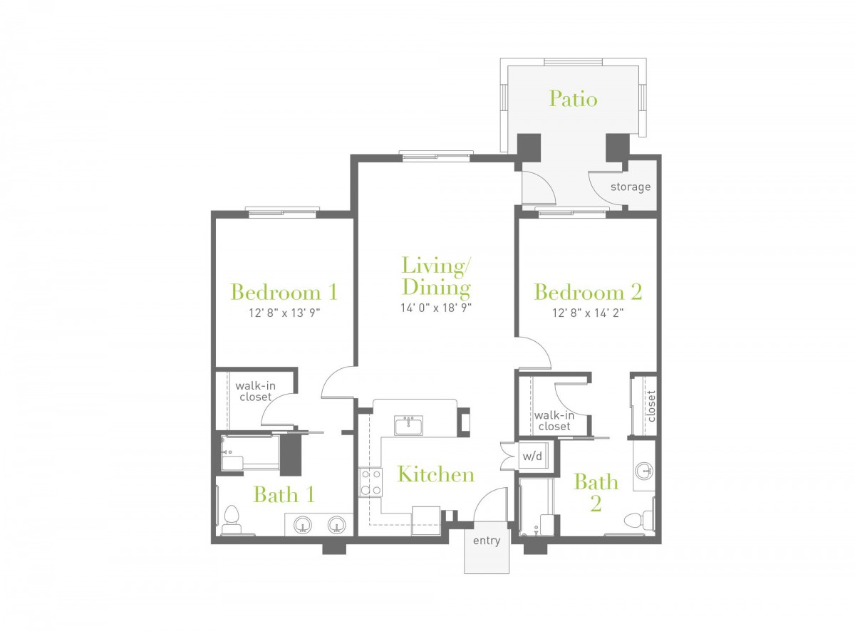 A floor plan of a 2-bedroom apartment with living/dining area, kitchen, and two bathrooms.