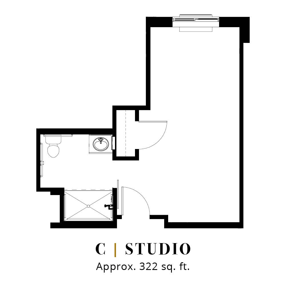 Floor plan of a studio apartment measuring approximately 322 square feet.
