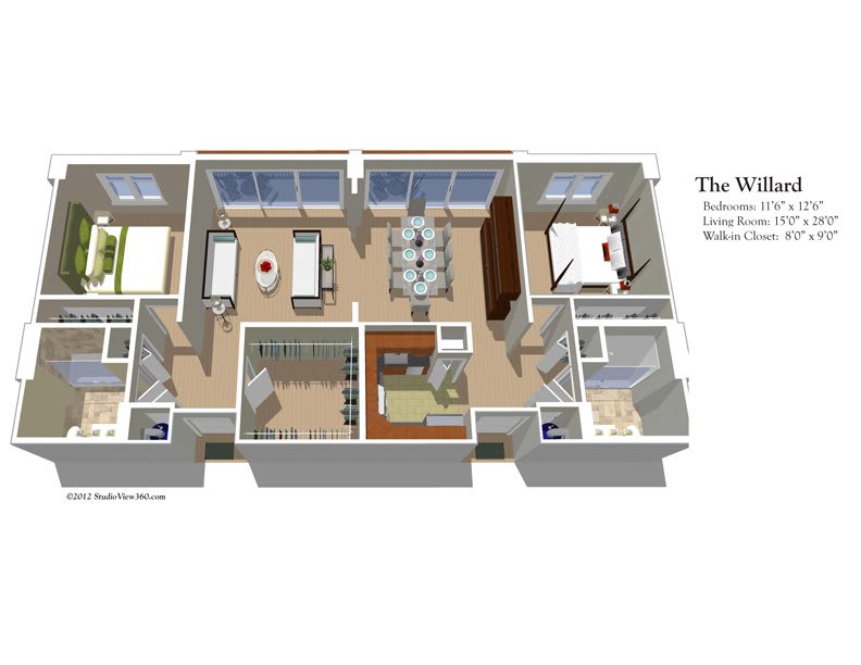 3D floor plan of an apartment showcasing the layout of rooms and furniture arrangement.