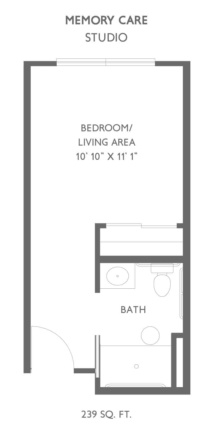 Studio apartment floor plan with bedroom/living area and a bathroom.