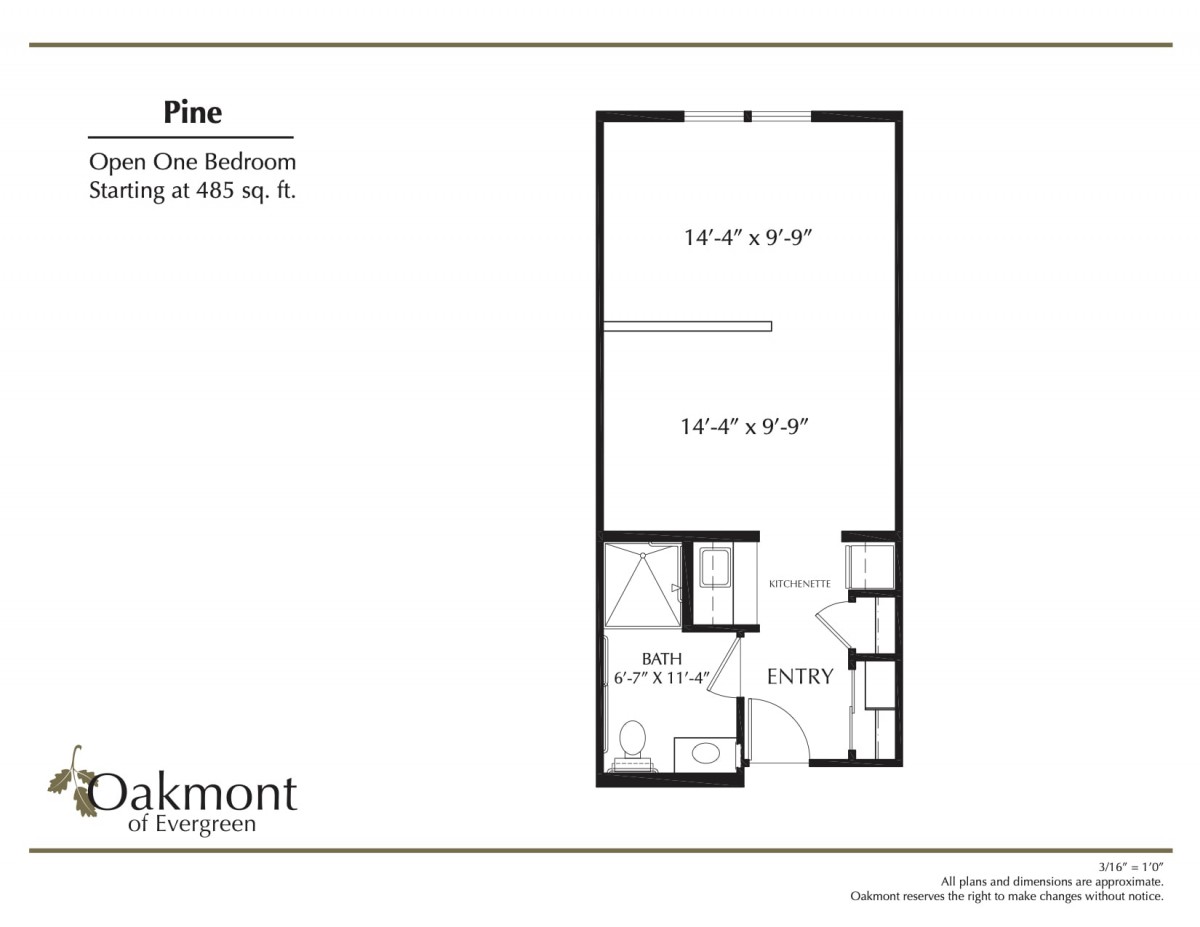 Blueprint of a one-bedroom apartment floor plan with dimensions.