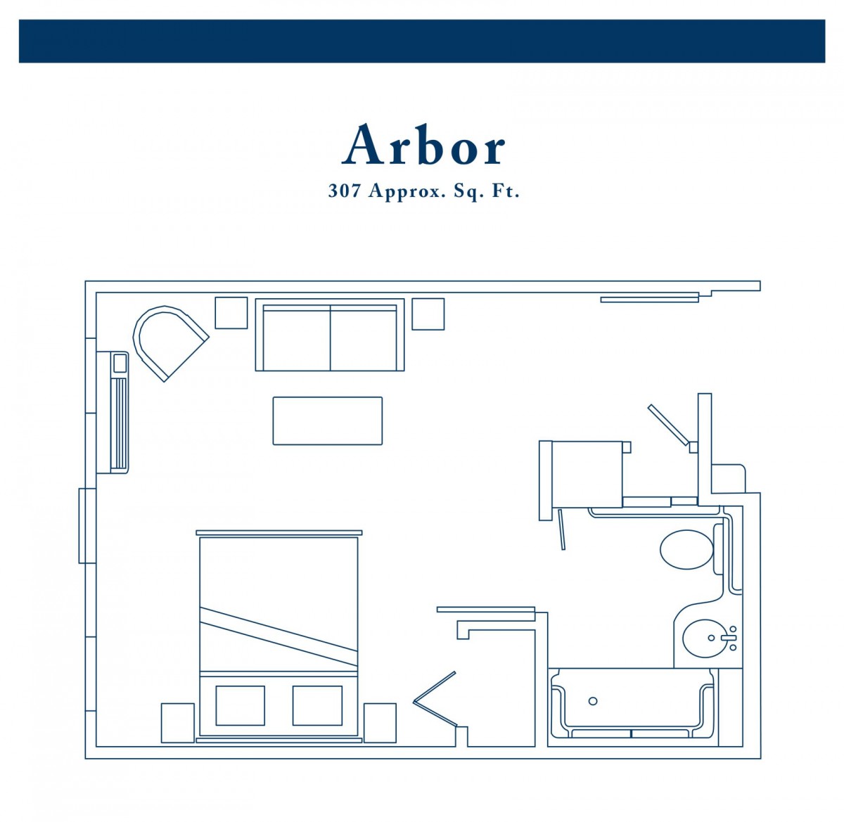 Floor plan of the Arbor studio apartment with an approximate area of 367 square feet.